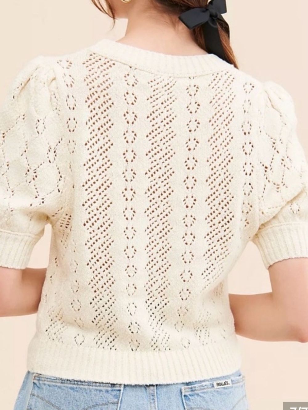 Free People Cream Pointelle Short-Sleeve Knit Sweater - Picture 5 of 5